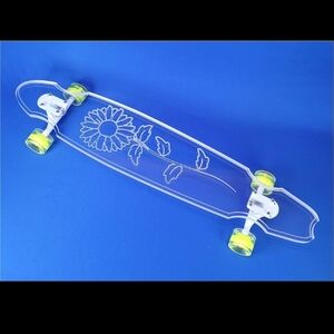Clear Skateboard (longboard) with Floral Design and Yellow Wheels